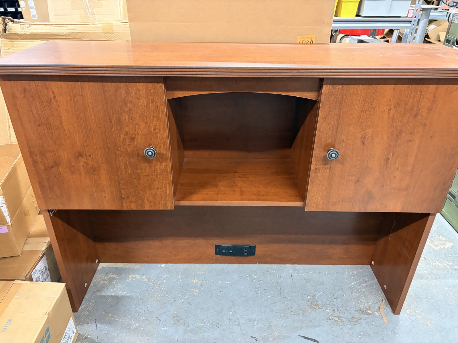Wood desk Hutch with Storage Cabinets and Built-in Power Strip