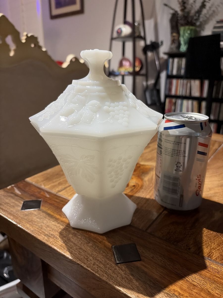 Vintage White Milk Glass Covered Candy Dish Pedestal Bowl Grape Pattern