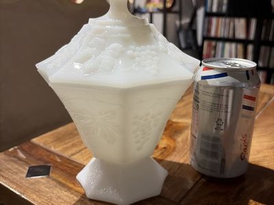 Vintage White Milk Glass Covered Candy Dish Pedestal Bowl Grape Pattern