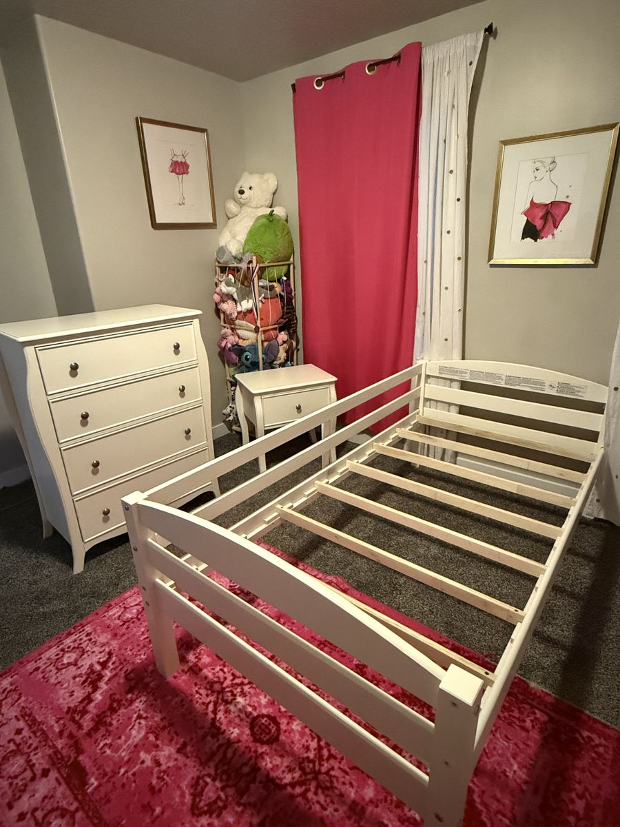 Twin bed frame, dresser, and night stand