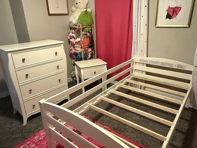 Twin bed frame, dresser, and night stand