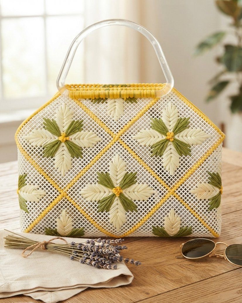 Handmade Plastic Woven Floral Handbag - yellow,  olive green [c. 1980]