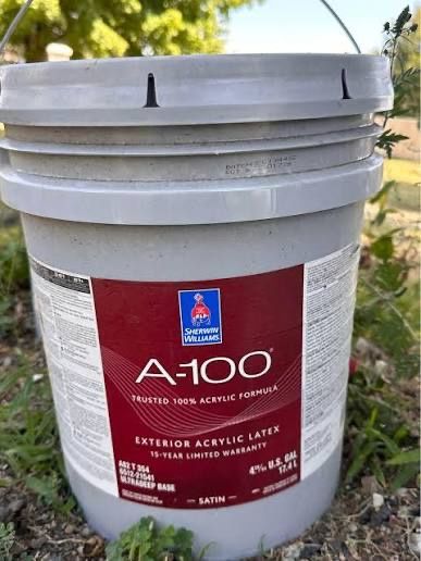 Sherwin Williams A-100 Exterior Paint - Shade-Grown (SW 6188) & White Satin - New, 5 Gallon Buckets