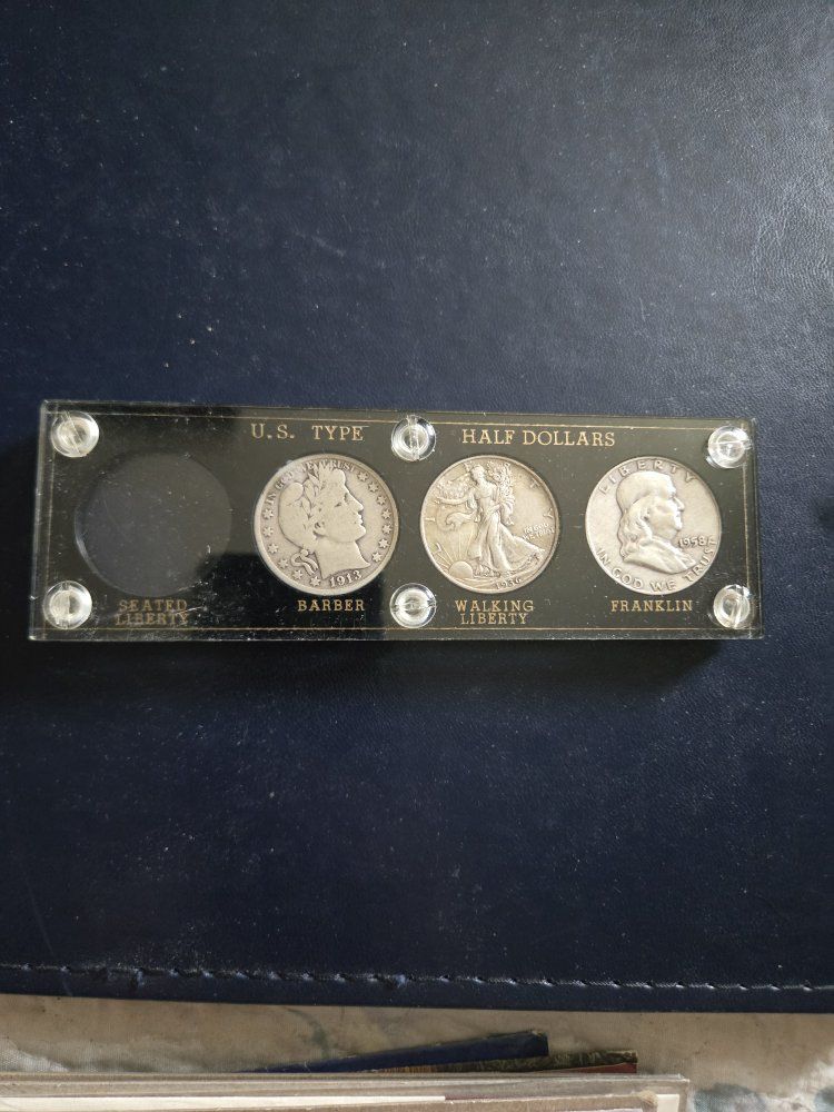 U.S. Type Half Dollars: Barber (1913), Walking Liberty (1936), Franklin (1958) Coin Set