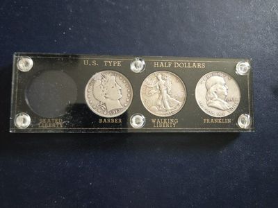 U.S. Type Half Dollars: Barber (1913), Walking Liberty (1936), Franklin (1958) Coin Set