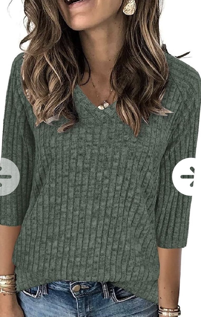 Ribbed V-Neck 3/4 Sleeve Knit Tops 2 colors all XL