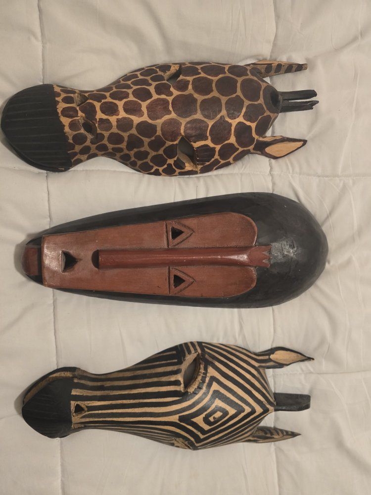 Set of 3 Hand-Carved African Wooden Wall Masks: Giraffe, Tribal, Zebra Decor