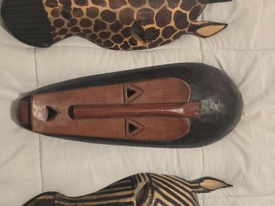 Set of 3 Hand-Carved African Wooden Wall Masks: Giraffe, Tribal, Zebra Decor