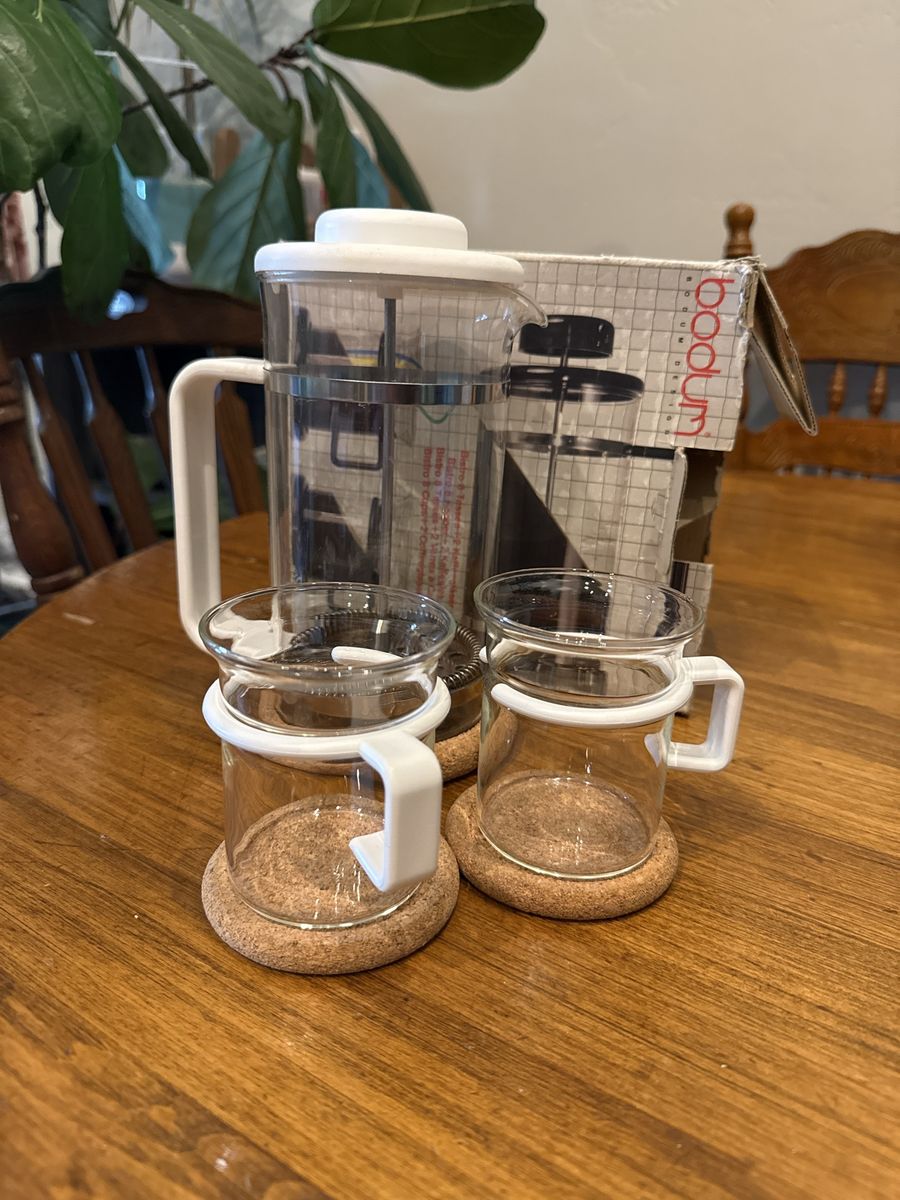 Vintage Bodum Bistro French Press Set with 2 Glass Mugs and Cork Coasters