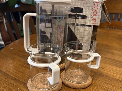 Vintage Bodum Bistro French Press Set with 2 Glass Mugs and Cork Coasters