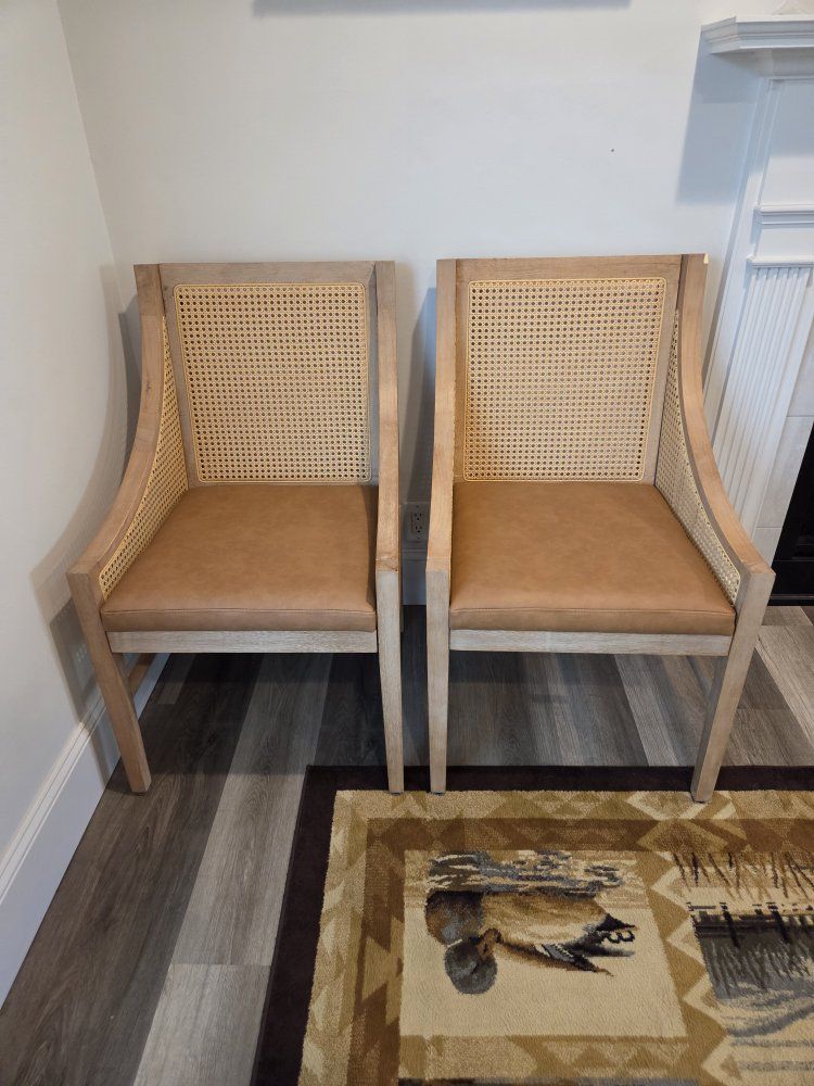 2 Light Wood & Cane Back Dining/Accent Chairs with Tan Faux Leather Seats