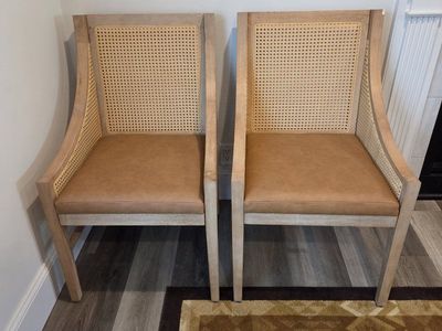 2 Light Wood & Cane Back Dining/Accent Chairs with Tan Faux Leather Seats
