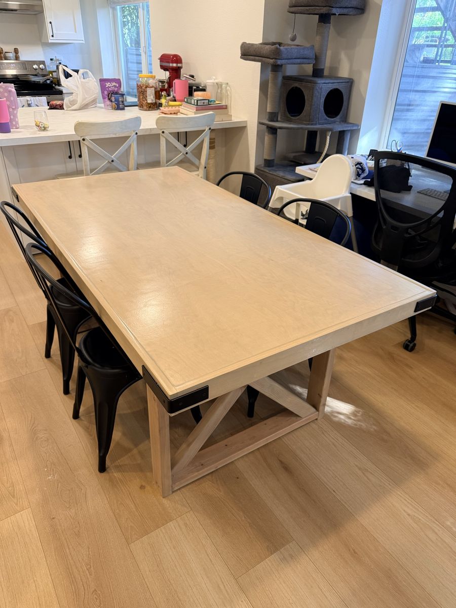 Large Wooden Dining Table with X-Style Legs - Seats 6-8 - Light Wood Finish & chairs