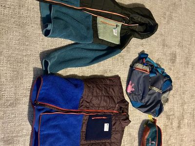 Cotopaxi Bundle: Medium Fleece Jacket, Medium Vest, Travel Bag & Waist Bag Bundle - Men's/Unisex Outdoor Apparel & Accessories