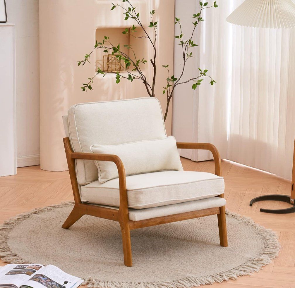 Nice New Fine Linen Beige Comfy Mid Century Modern Accent Chair