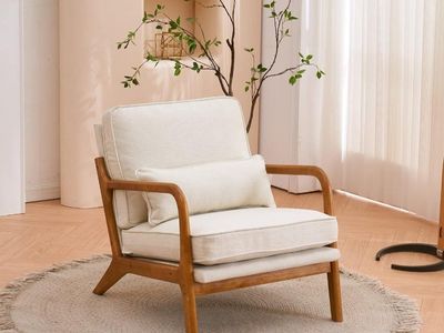 Nice New Fine Linen Beige Comfy Mid Century Modern Accent Chair