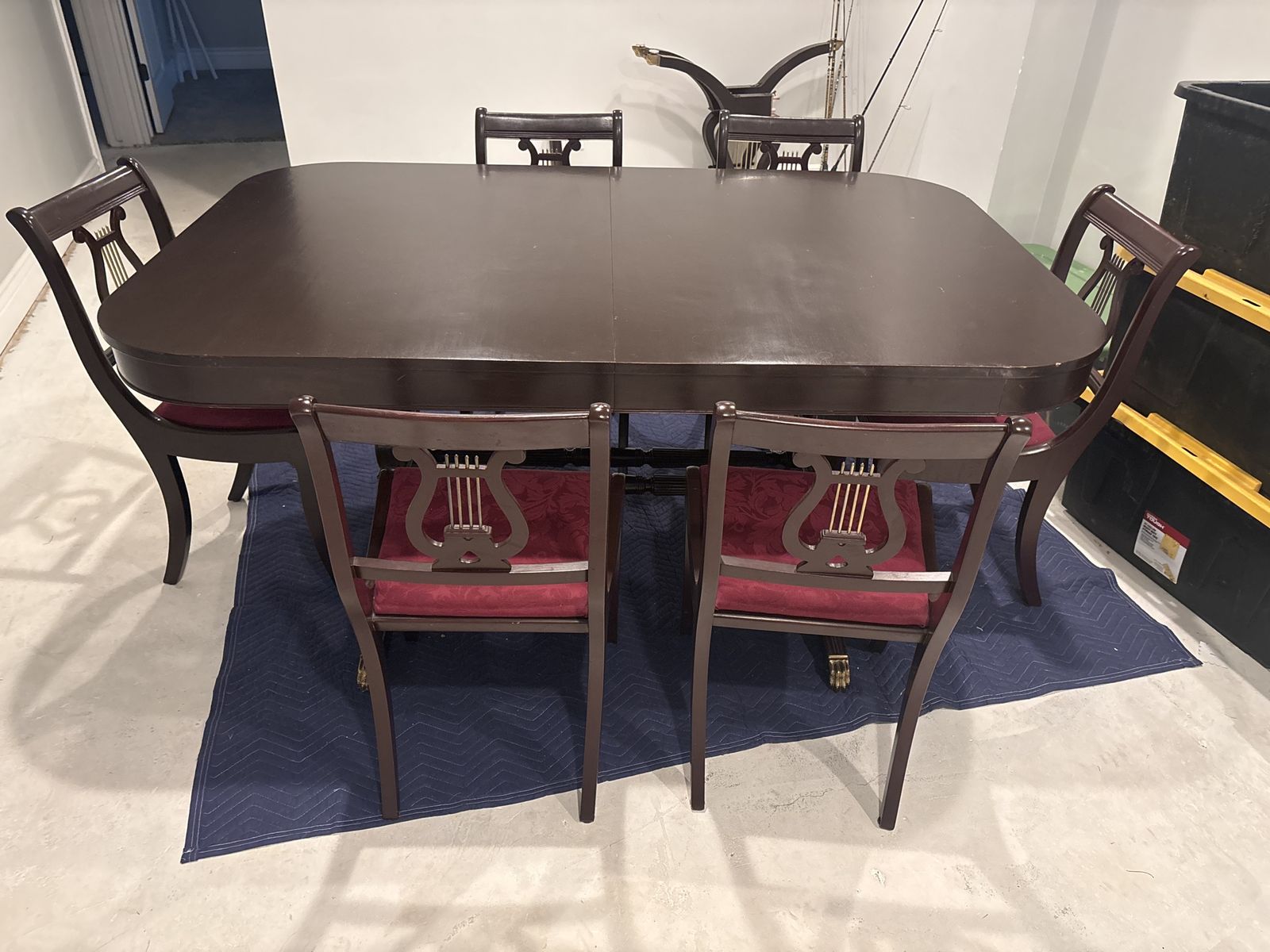 Vintage Duncan Phyfe Style Mahogany Dining Set – Table, 6 Lyre/Harp Back Chairs & 3 Extensions