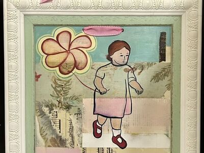 Original Art Painting Children Girl Flower Frame