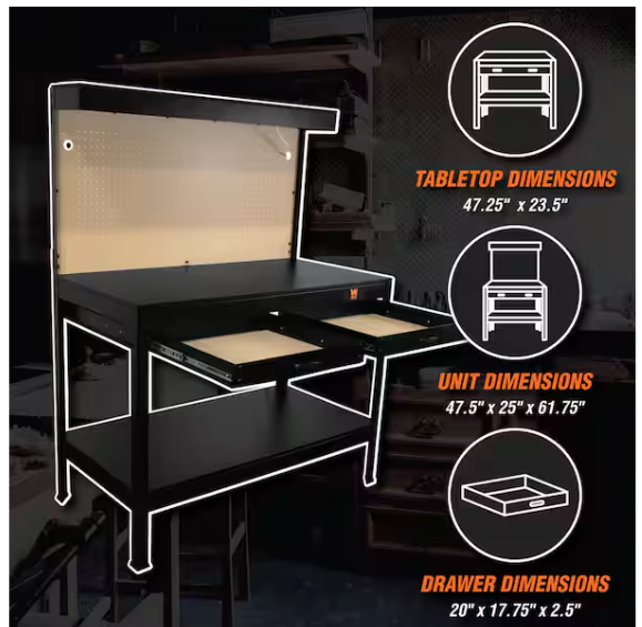 48 in. W x 25 in. D 2-Drawer Workbench with Power Outlets and Light