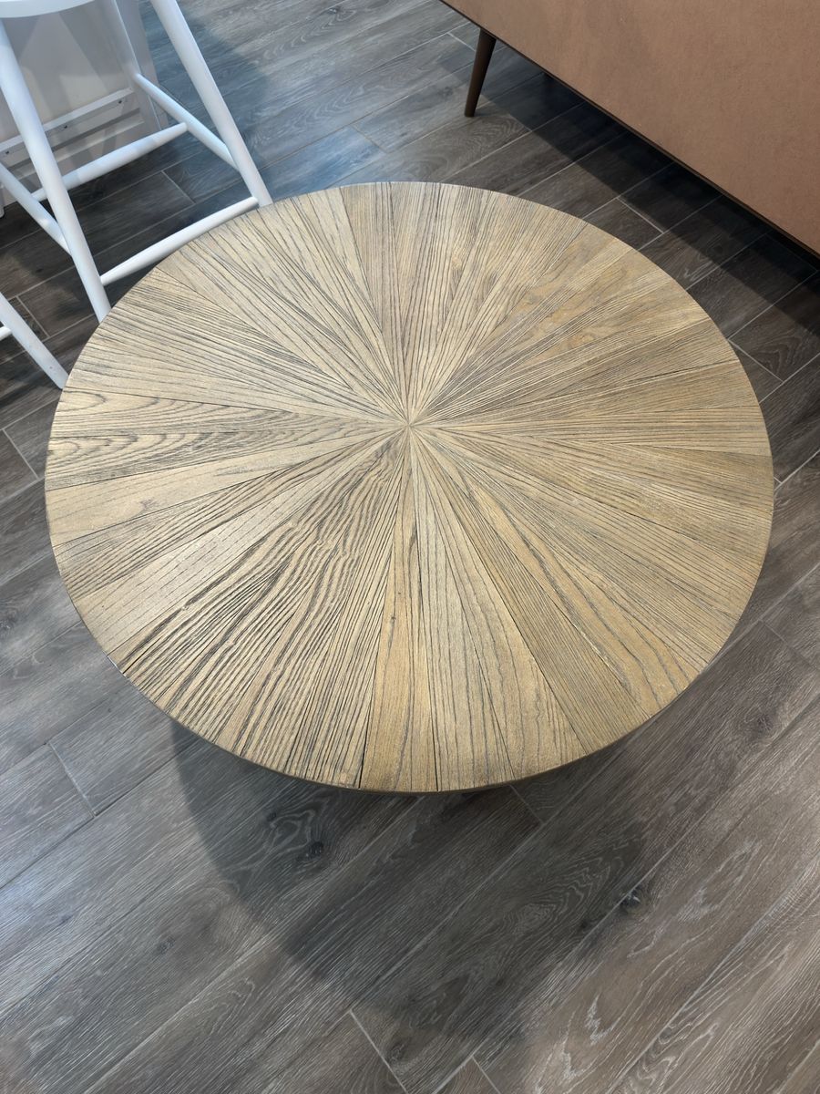 Round Wood Coffee Table with Black Metal Legs, Mid-Century Modern Design, Two-Tier Storage