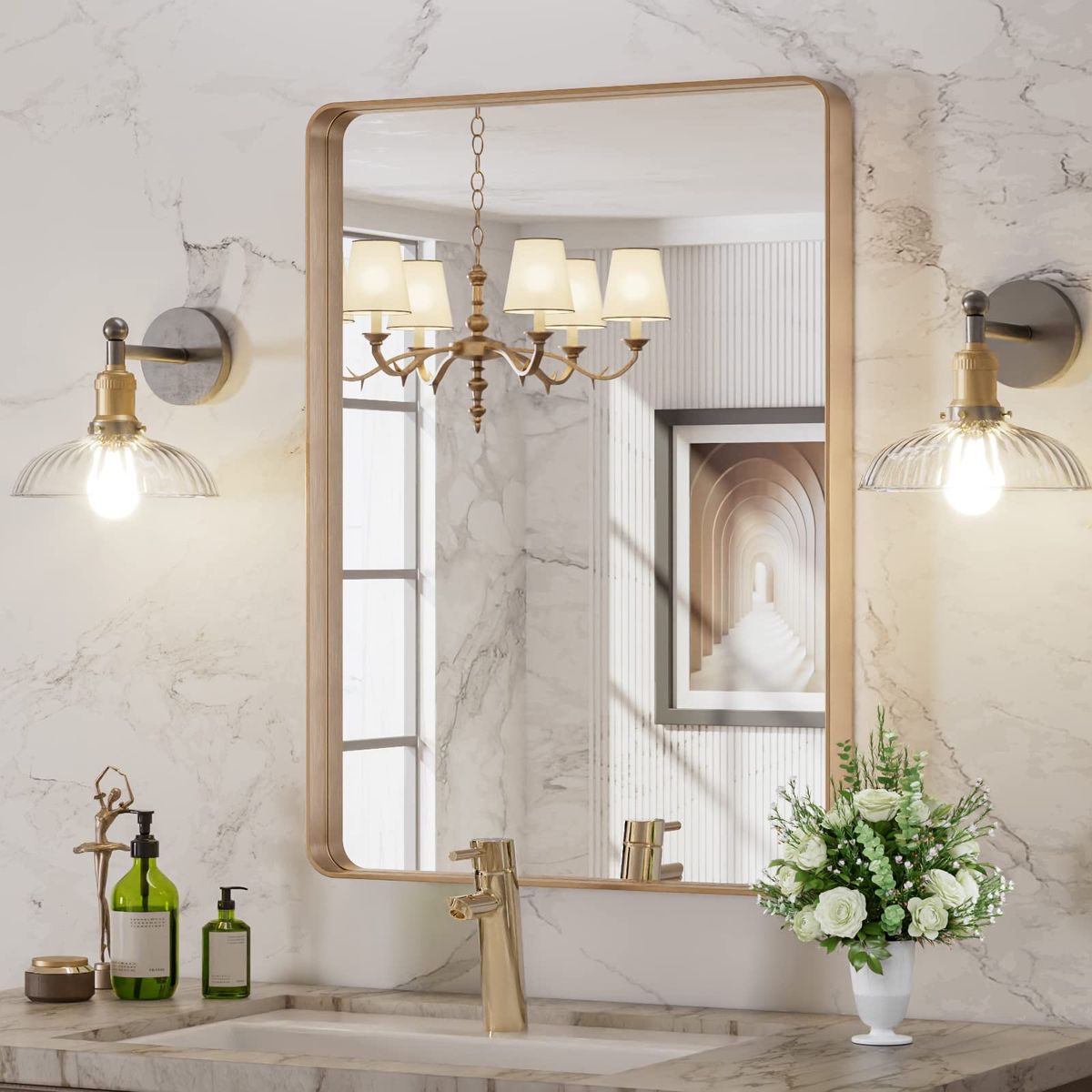 New in box Gold Bronze Tone wall Mirror, Modern Framed Bathroom Vanity Mirror 22X30