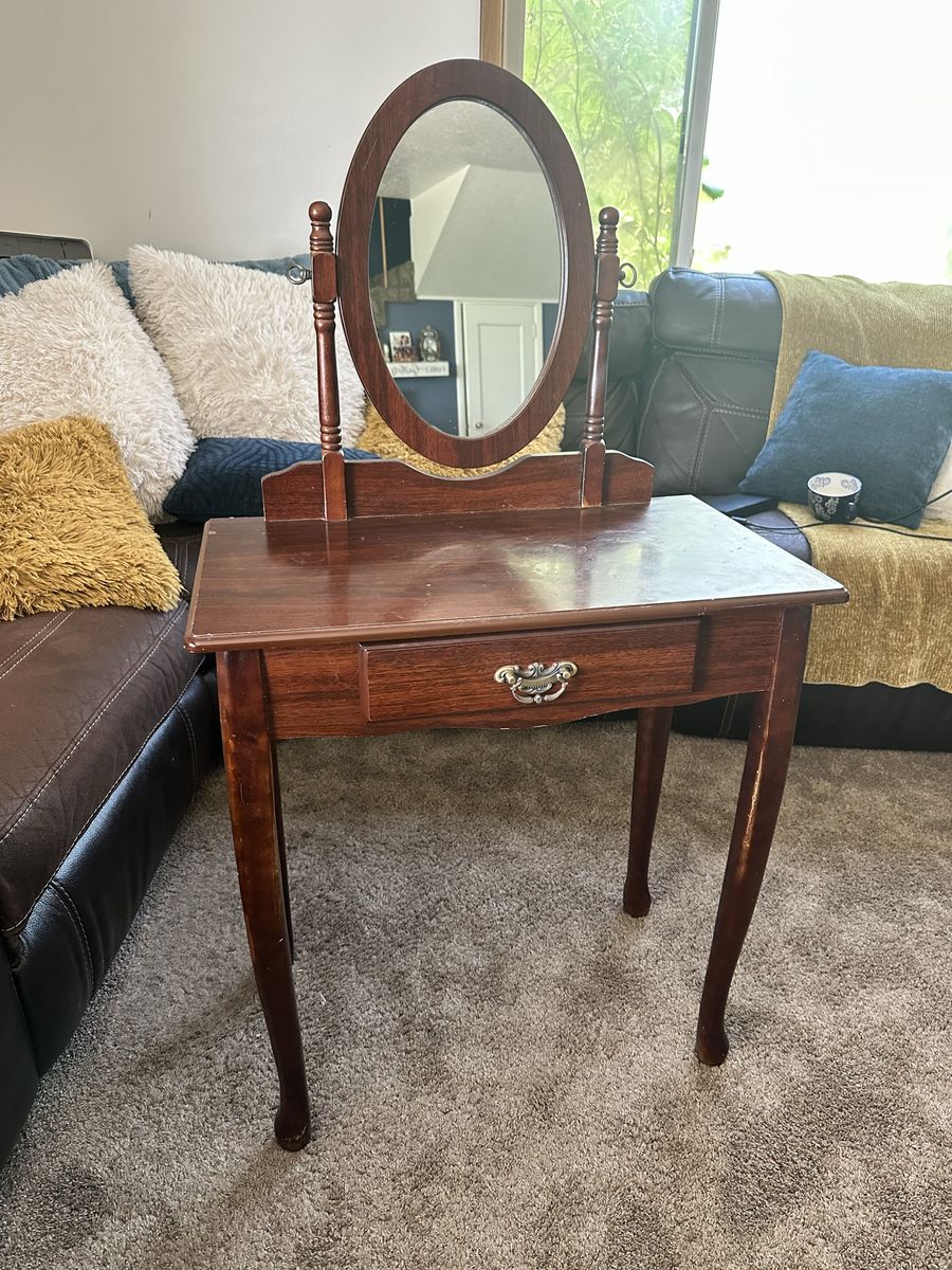 Vintage Wood Vanity / Makeup Table with Mirror