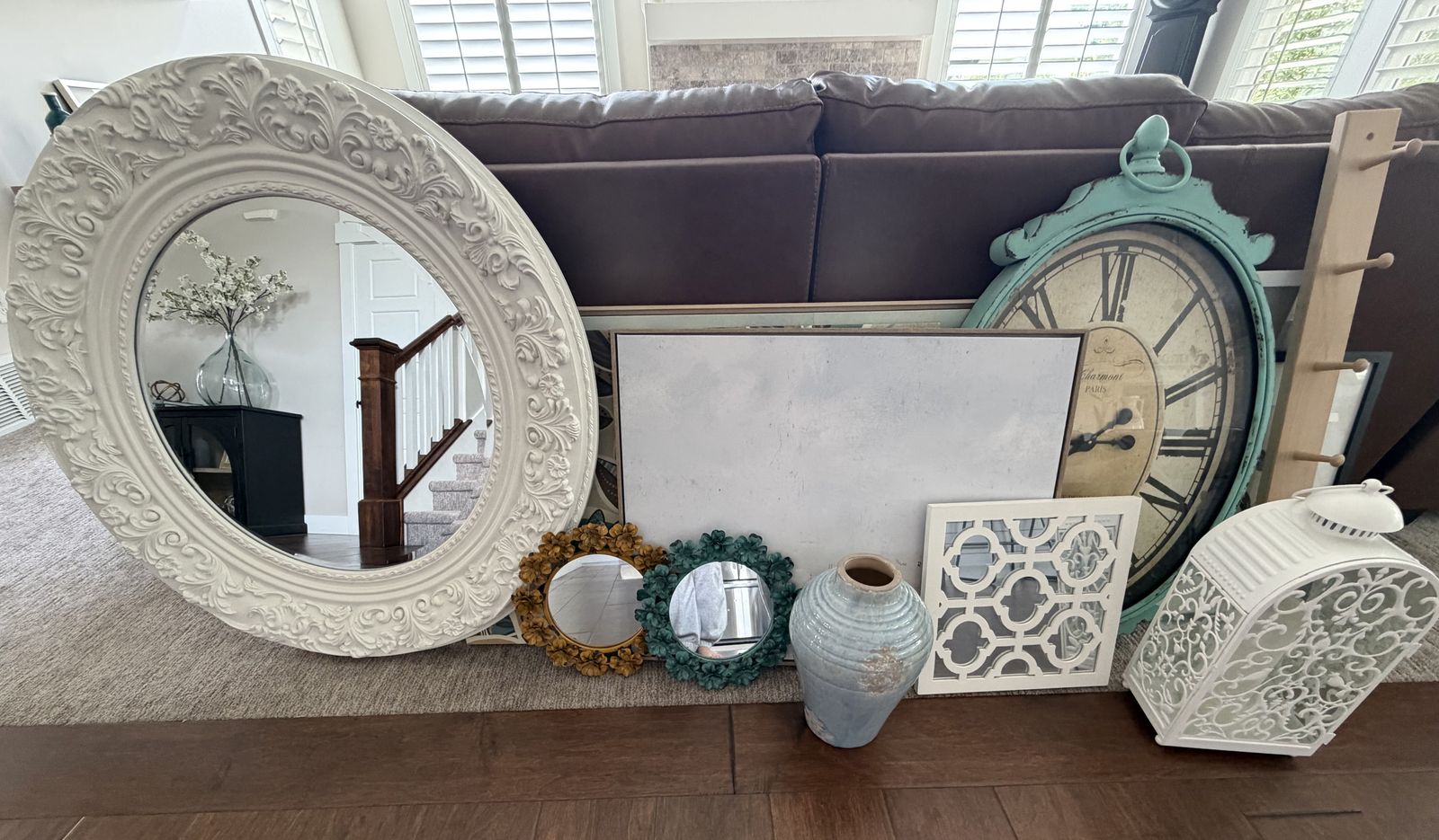 Assorted Home Decor : Ornate Mirror, Charmont Clock, Framed Art, Lantern & More
