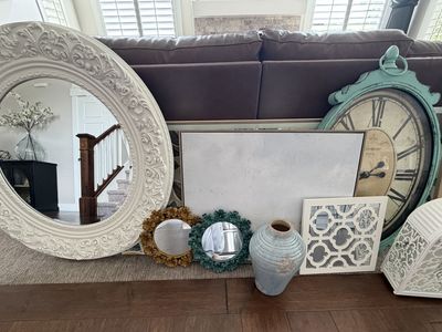 Assorted Home Decor : Ornate Mirror, Charmont Clock, Framed Art, Lantern & More