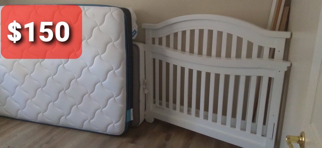 White Wood Baby Crib with Mattress - Used, Good Condition