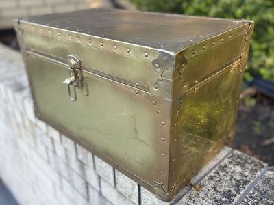 Vintage brass chest, wood lined inside, will accept legs on bottom