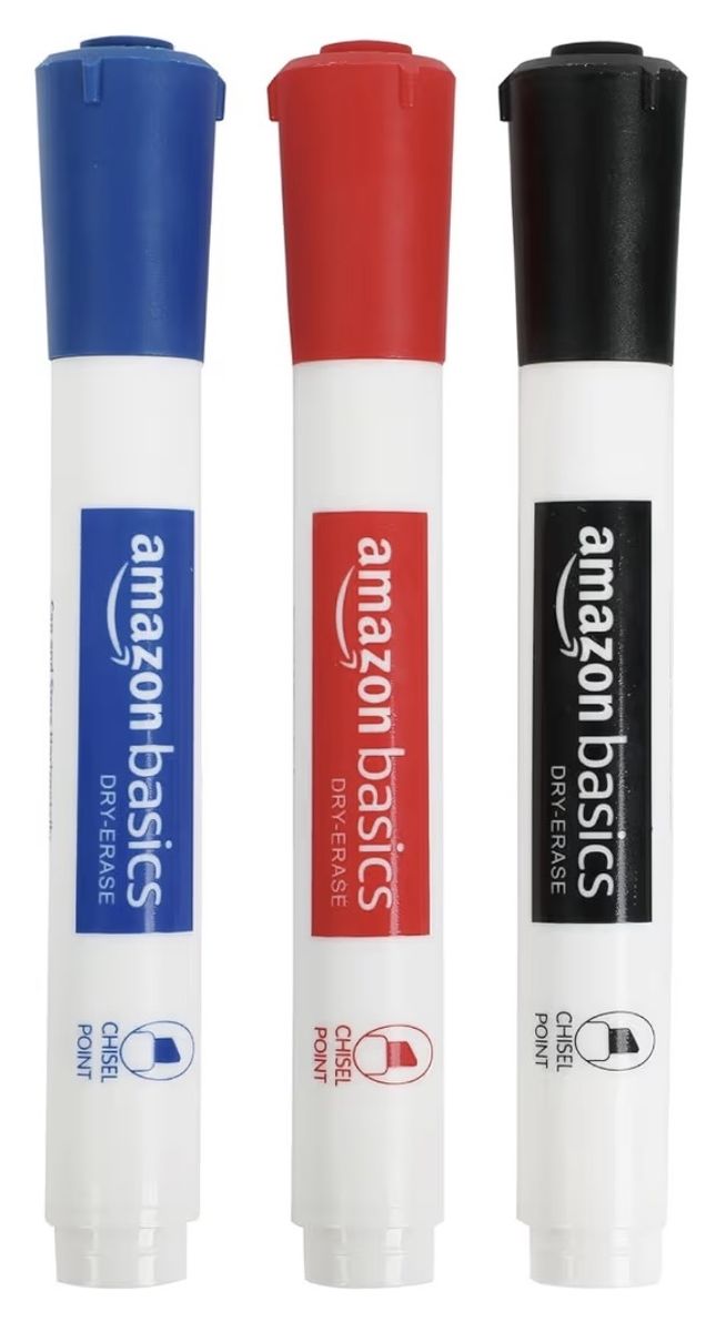 Amazon Basics Low-Odor Chisel Tip Dry Erase White Board Markers - Black, Blue, Red 3-Pack