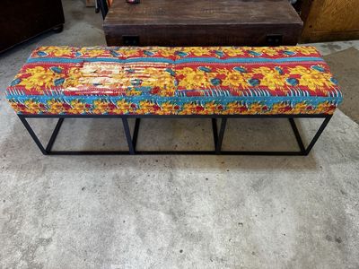 Safa Bench with Vibrant Bandhani Fabric Upholstery & Black Metal Frame - Unique Accent Piece
