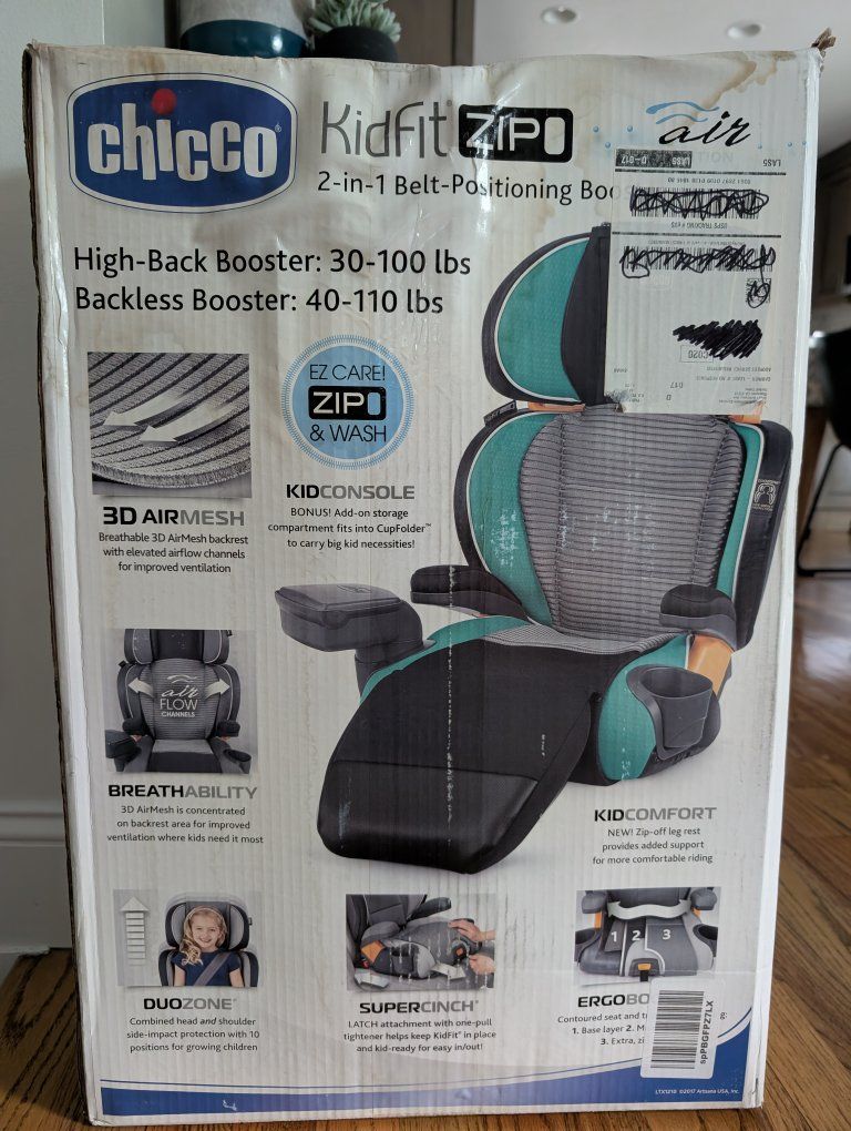 BRAND-NEW IN BOX Chicco KidFit Zip Air 2-in-1 Belt-Positioning Booster Car Seat - Surf, 30-110 lbs