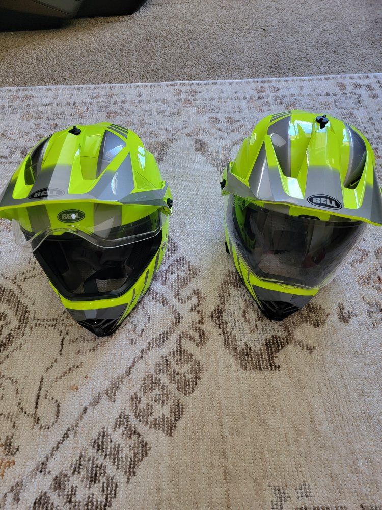 Bell MX-9 Adventure MIPS Helmets, Fluorescent Yellow/Grey, Sizes medium and large.