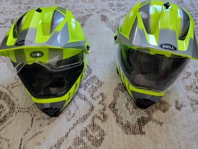 Bell MX-9 Adventure MIPS Helmets, Fluorescent Yellow/Grey, Sizes medium and large.