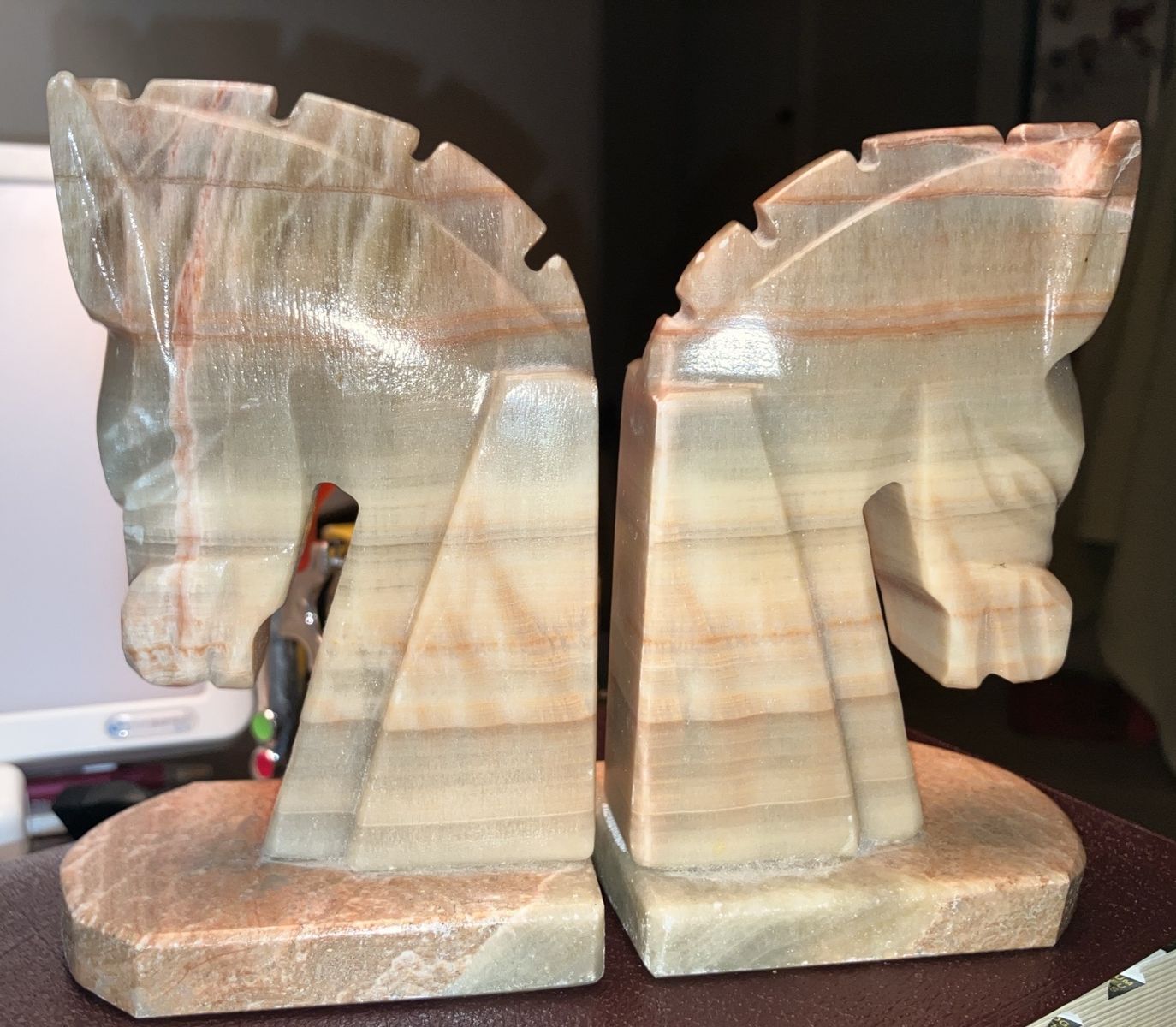 Vintage Art Deco Marble Onyx Trojan Horse Bookends