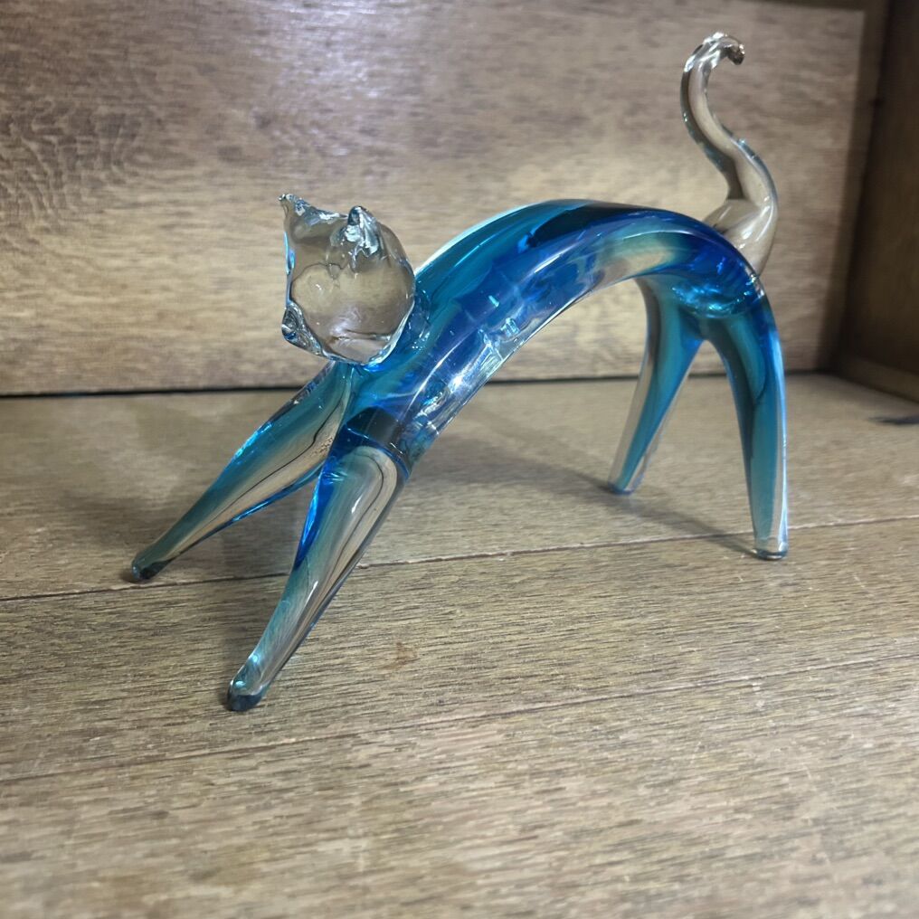 Lg STRETCHING CAT Hand Blown Studio Art Glass