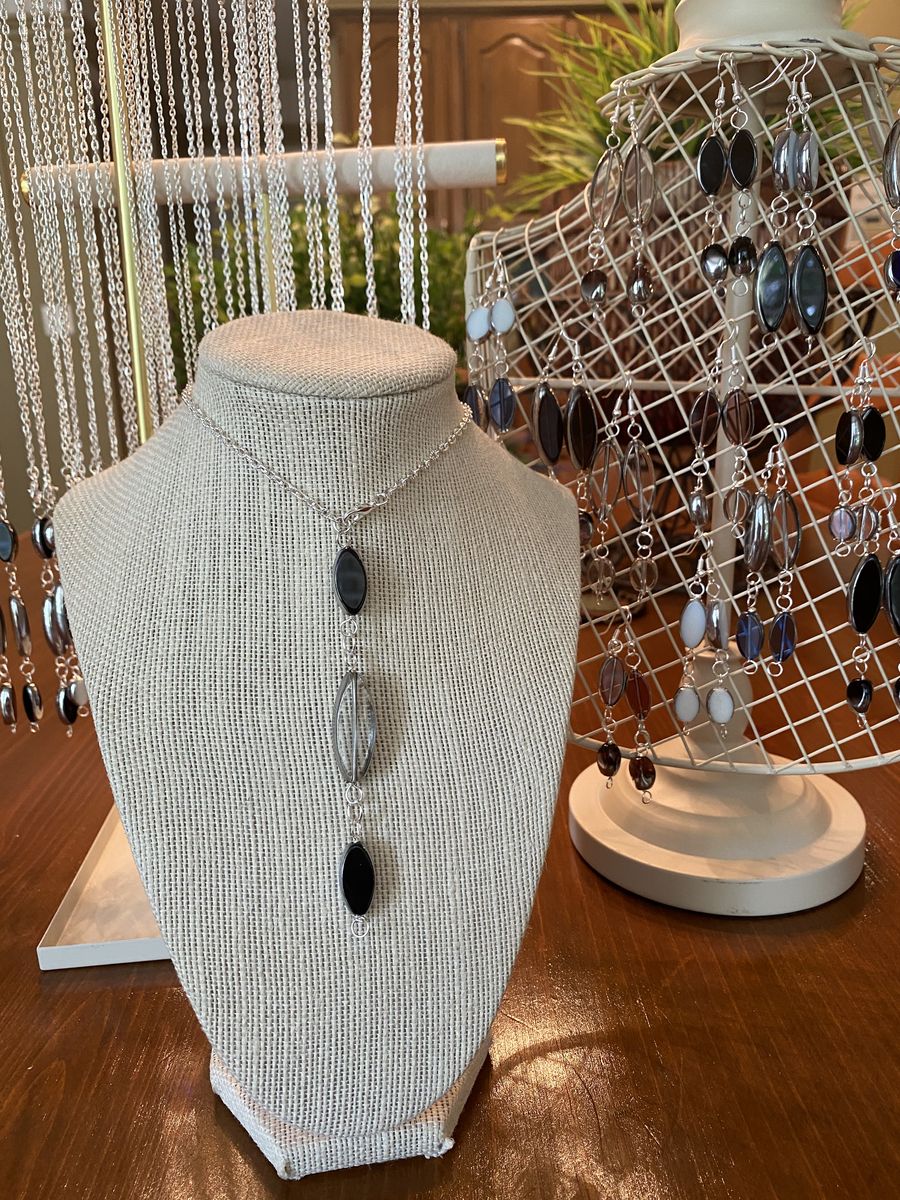 NEW- Handcrafted Oval Beaded Silver Chain Necklace & Earrings - Necklace Two Ways To Wear - Multiple Colors Available