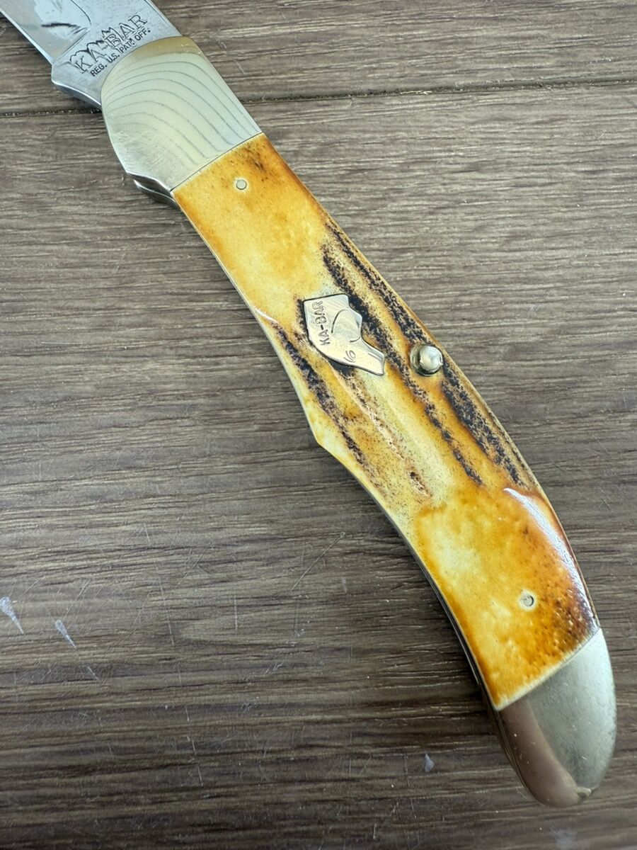 VINTAGE KA-BAR DOG HEAD STAG FOLDING HUNTER 2 KNIFE SET WITH BOX