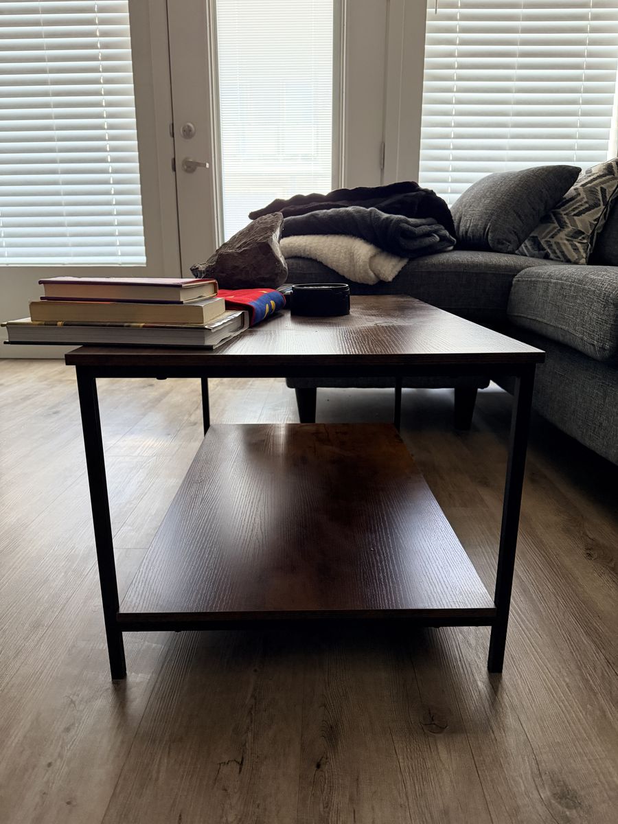 Industrial Coffee Table with Storage Shelf — Wood Top, Metal Frame—