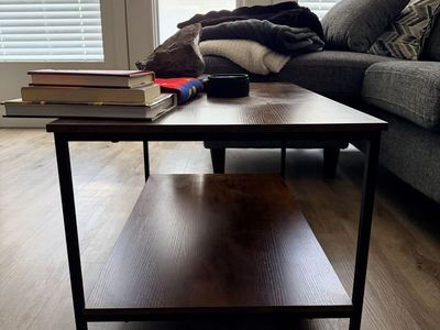 Industrial Coffee Table with Storage Shelf — Wood Top, Metal Frame—