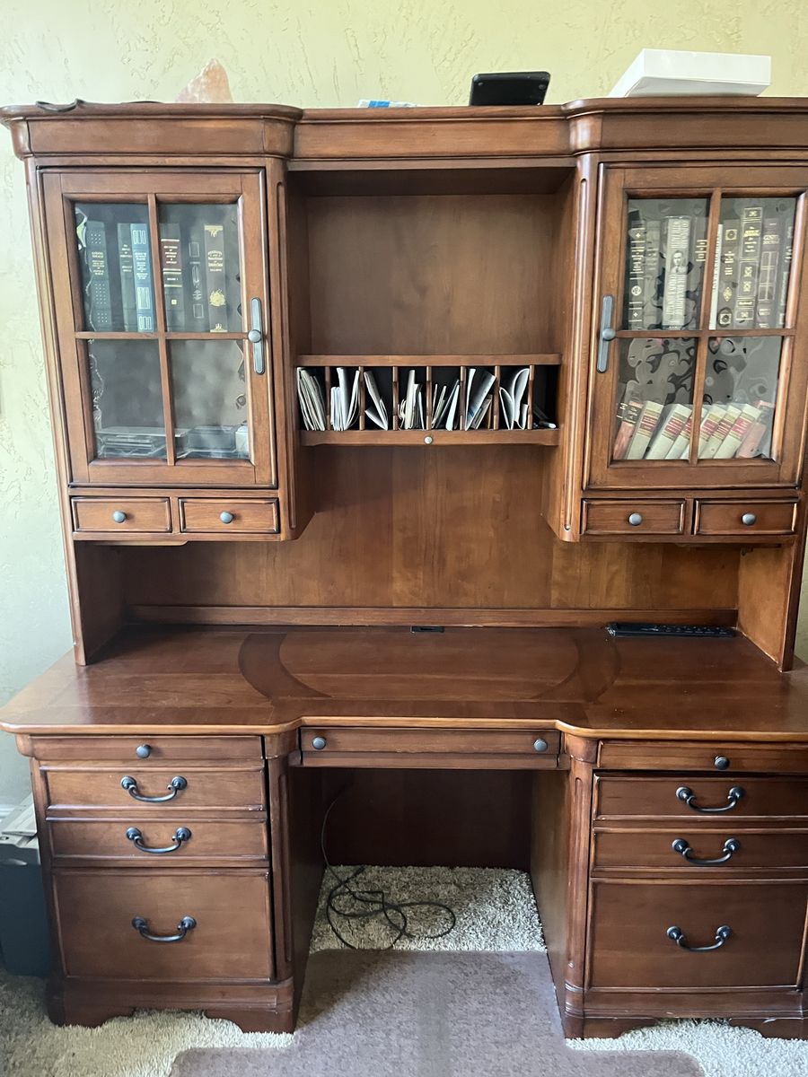 Large Wood Executive Desk with Hutch - Glass Cabinets & Ample Storage