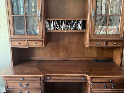 Large Wood Executive Desk with Hutch - Glass Cabinets & Ample Storage