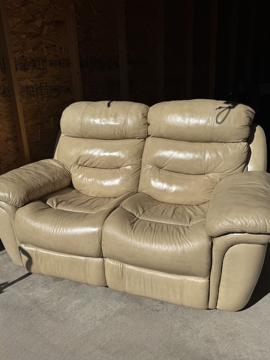 Beige Leather Double Reclining Loveseat