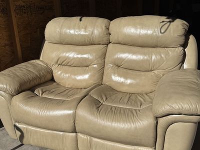 Beige Leather Double Reclining Loveseat