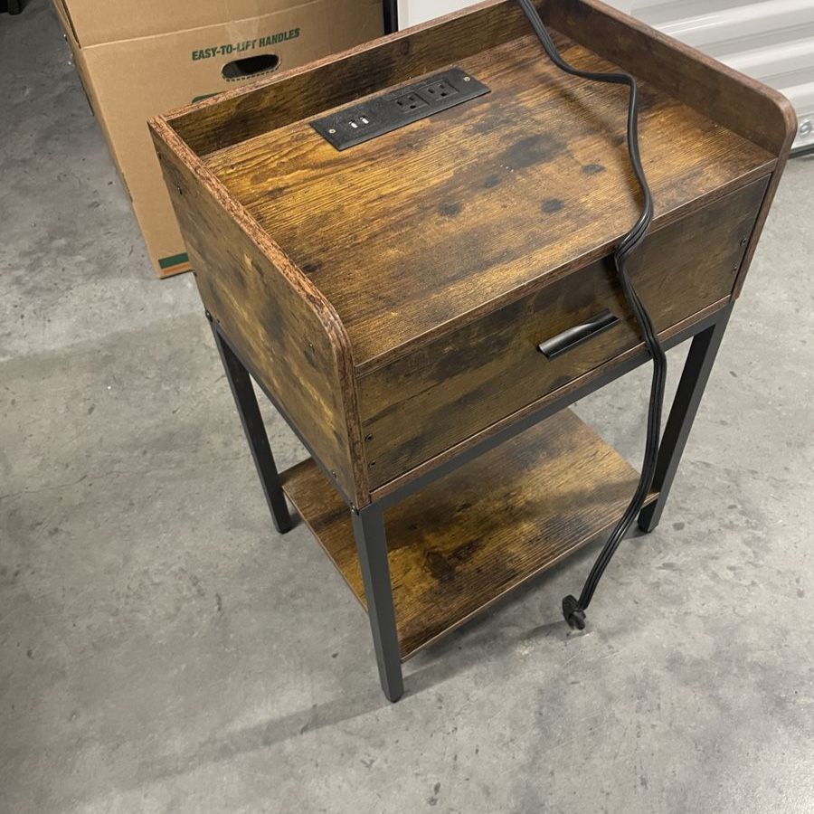 2x Wood Nightstand with Charging Station, Drawer & Shelf - 23.6" Tall Side Table