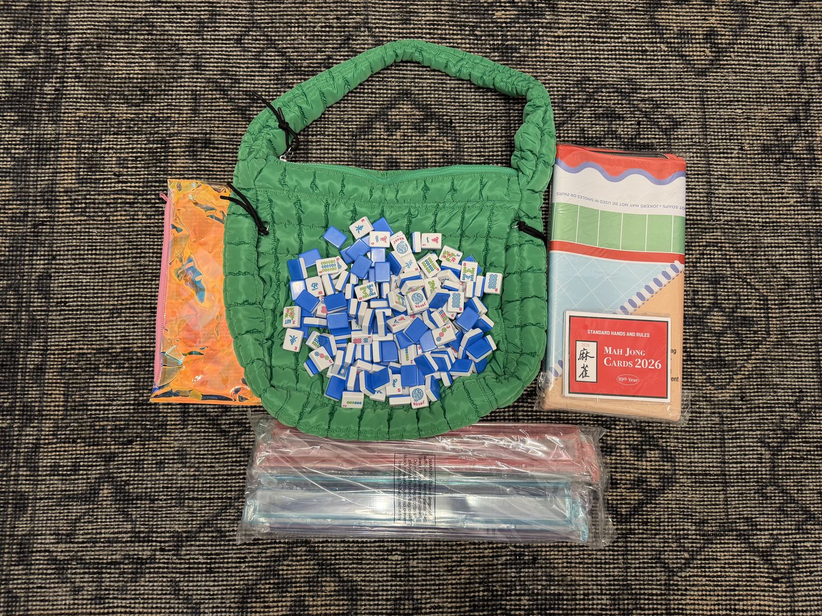New 166 engraved Melamine Tiles MAHJONG KIT w/ Game Mat, Pusher racks, score cards and storage bag $200 Cash/venmo in Draper 