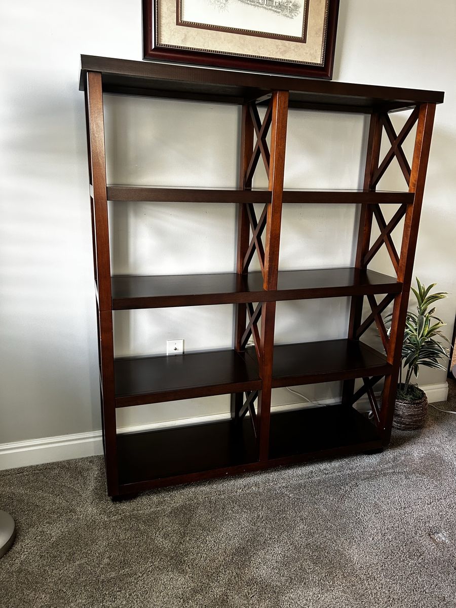 Large Wooden Bookshelf/Bookcase - Dark Brown 5-Tier Display Unit with X-Back Design