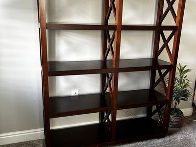 Large Wooden Bookshelf/Bookcase - Dark Brown 5-Tier Display Unit with X-Back Design
