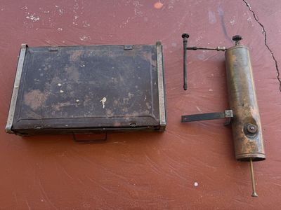 Antique Coleman fold up white gas camp oven w/ propane conversion kit